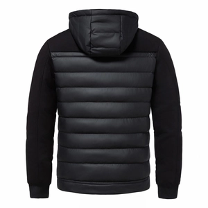 Rear view of black padded hooded jacket with horizontal quilting and knit sleeves