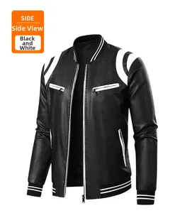 Side view of men's leather jacket with white stripe contrast on shoulder and ribbed cuff