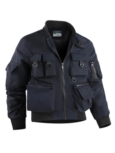 Dark blue tactical bomber jacket with multiple pockets and functional utility design