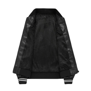 Detail view of men's black PU jacket showing the warm thick fleece lining and zipper