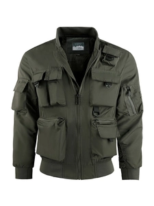 Army green tactical flight jacket for men featuring multi-pocket utility design and stand collar