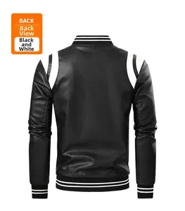 Back view of black and white varsity PU leather jacket with striped collar and cuffs