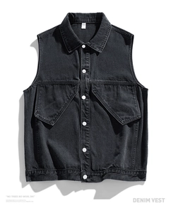 Flat lay of deep charcoal denim vest with contrast buttons and large cargo pockets