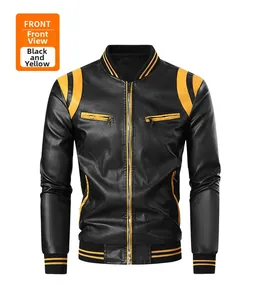 Detail of men's stand collar black PU jacket with yellow shoulder stripes and ribbed cuffs