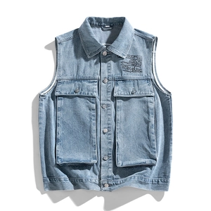 Men's Retro Washed Denim Vest Cotton Cargo Sleeveless Jacket With Large Pockets Japanese Streetwear Casual Waistcoat For Men