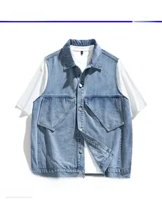 Detail show of light blue washed denim vest with oversized utility pockets over a white tee