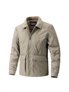 Men's khaki quilted jacket with lapel collar and stylish wave pattern stitching