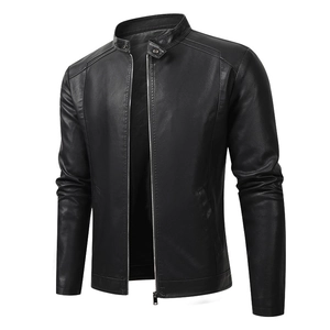 Men's Stand Collar PU Leather Jacket Fleece Lined Windproof Casual Locomotive Zip Up Coat For Autumn Winter Outerwear