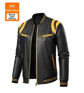 Detail of black and yellow faux leather jacket showing striped ribbed cuffs and collar