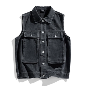 Japanese style washed black denim vest for men with utility pockets and metal buttons