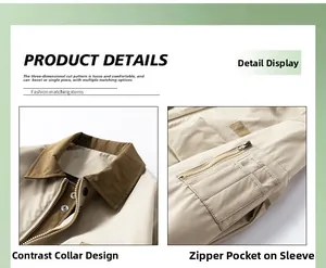 Detail view of khaki workwear jacket with brown contrast collar and zippered sleeve pocket