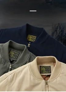 Detail of MA1 bomber jacket ribbed collar and thick lining in navy green and khaki