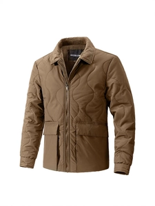 Men's dark brown quilted jacket with lapel collar and wave pattern stitching