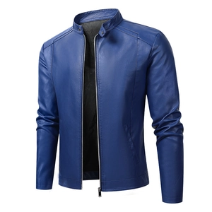 Men's blue faux leather biker jacket with stand collar and sleek metal zipper closure