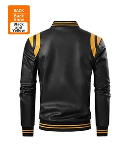Back view of a black faux leather jacket with yellow shoulder panels and ribbed trim