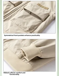 Detail view of khaki jacket showing symmetrical large pockets and ribbed tight cuffs