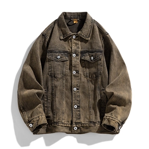Men's retro distressed denim jacket in vintage bronze wash with loose silhouette