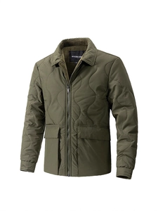 Men's army green quilted jacket with wave stitching and functional flap pockets