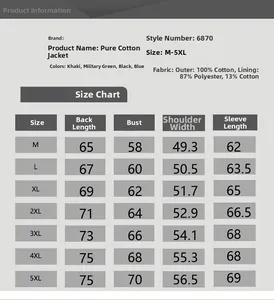 Detailed size chart and specifications for the MA1 flight jacket in cotton and polyester