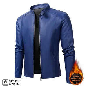 Men's royal blue stand collar faux leather jacket with warm fleece lining and zipper