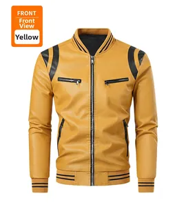 Detailed front view of a yellow faux leather motor jacket with black shoulder patches