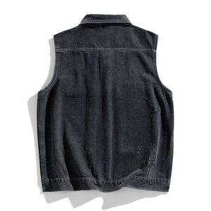 Vintage washed black denim vest for men with artistic back print and lapel collar
