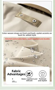 Detail of waterproof fabric with metallic buckles and decorative ribbon on khaki jacket