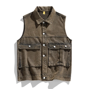 Men's vintage washed denim vest jacket with multi-pocket design and retro brown finish