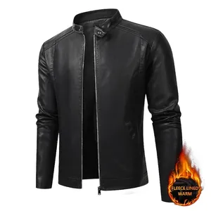 Men's black PU leather motorcycle jacket with warm fleece lining and stand collar