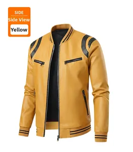 Detail of yellow faux leather jacket with ribbed cuffs and side zipper pocket macro view
