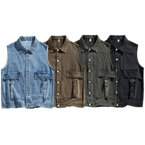 Men Casual Denim Vest Cotton Blend Washed Workwear Waistcoat Lapel Multi Pockets Streetwear Sleeveless Jacket For Men