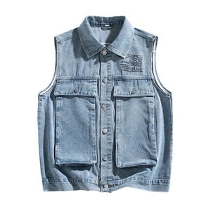 Classic light blue washed denim vest with utility pockets and streetwear graphic print