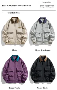 Detail view of four-color cargo jackets showing size M-4XL and 100% polyester fabric info
