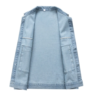Men's loose vintage light blue denim vest with large inner pockets and washed finish