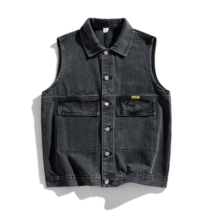 Men's washed dark grey denim vest with dual chest pockets and classic metal buttons