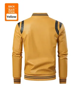 Back view of yellow faux leather jacket with black shoulder panels and ribbed trim details