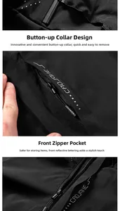 Détail d'une veste d'extérieur imperméable avec col à boutons-pression et fermeture réfléchissante