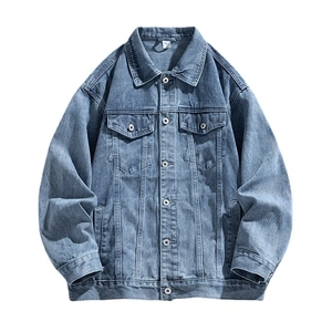 Men's loose fit blue washed denim jacket with classic collar and chest pockets