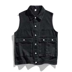 Men's retro black denim vest with classic lapel and large utility pockets on white background