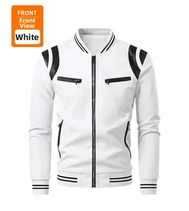 Front view of men's white PU leather biker jacket with striped rib cuffs and collar