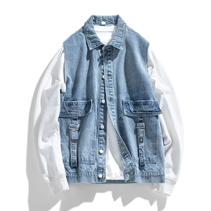 Japanese street style washed denim patchwork jacket with white sweatshirt sleeves