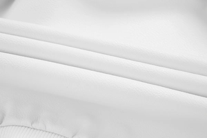 Macro detail of high-quality white PU leather jacket with lychee texture and ribbed cuff