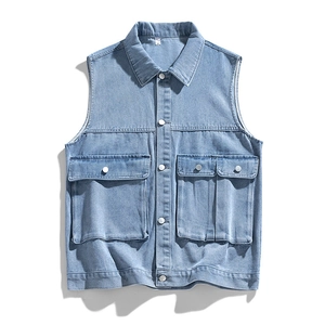Relaxed fit light blue washed denim vest with utility pockets and vintage button-down front