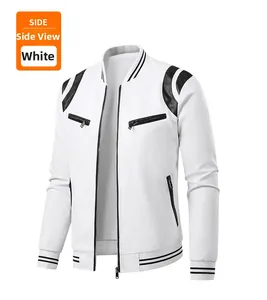 Close-up of white leather jacket featuring striped ribbed collar and black zipper pockets