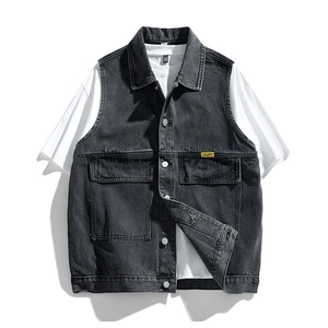 Men's retro dark grey washed denim vest with pockets and lapel collar in high-quality cotton