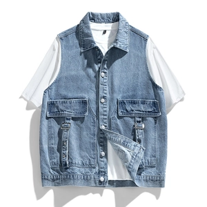 Japanese streetwear light blue washed denim vest with tactical flap pockets and buttons