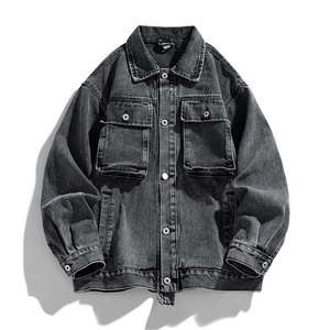 Vintage gray washed denim jacket with oversized pockets and drop shoulder silhouette