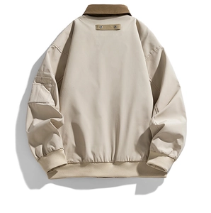 Back view of American retro beige work jacket featuring brown collar and utility sleeve pocket