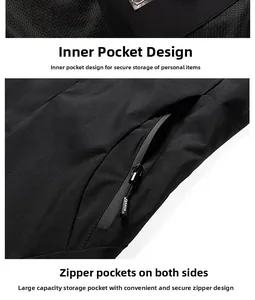 Vue détaillée de la veste d'extérieur noire avec poches zippées étanches et poche intérieure
