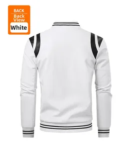 Back view of white PU leather baseball jacket with black and white shoulder stripe detail